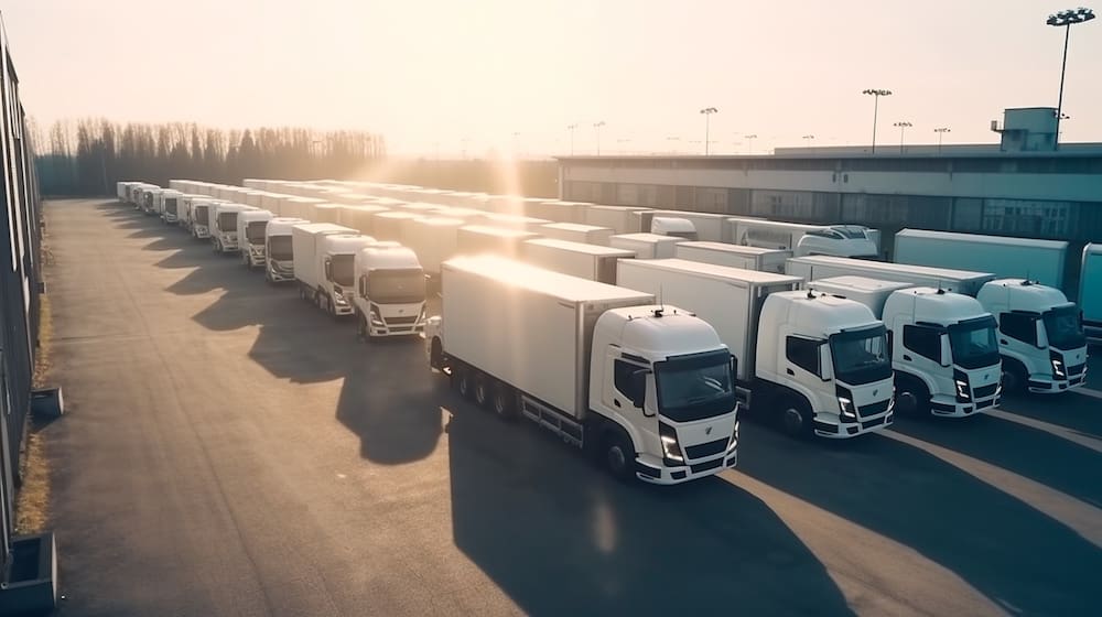 A fleet of trucks parked in rows at a logistics hub, ready for operations, symbolising efficient fleet management and compliance.