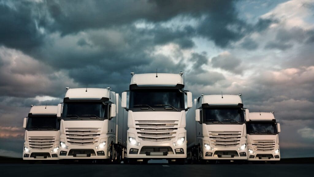 A powerful lineup of five white commercial trucks under dramatic, cloudy skies, symbolising fleet strength and readiness. Ideal for illustrating the importance of fleet compliance and achieving DVSA Earned Recognition with Truckfile.